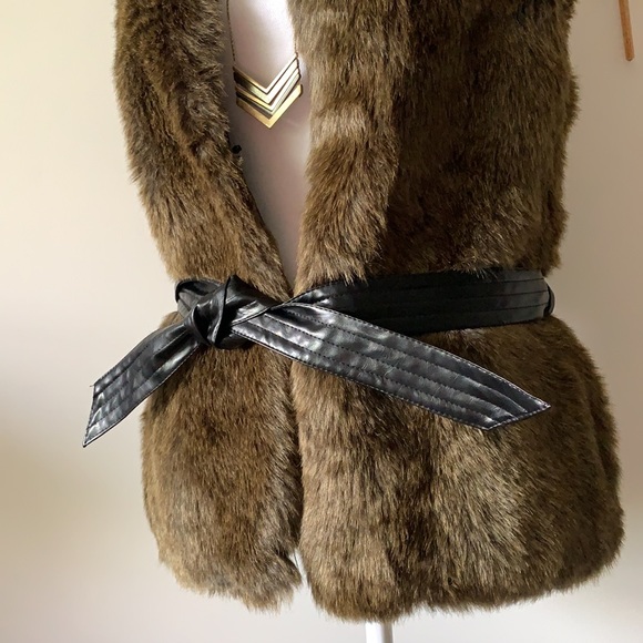 Faux Fur Vest with Black Faux Leather Tie - Picture 2 of 7